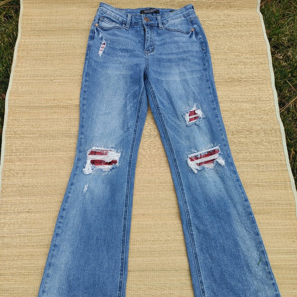 Judy Blue Denim Jeans Pants Boot Cut Ripped Distressed Plaid 3/26 Small